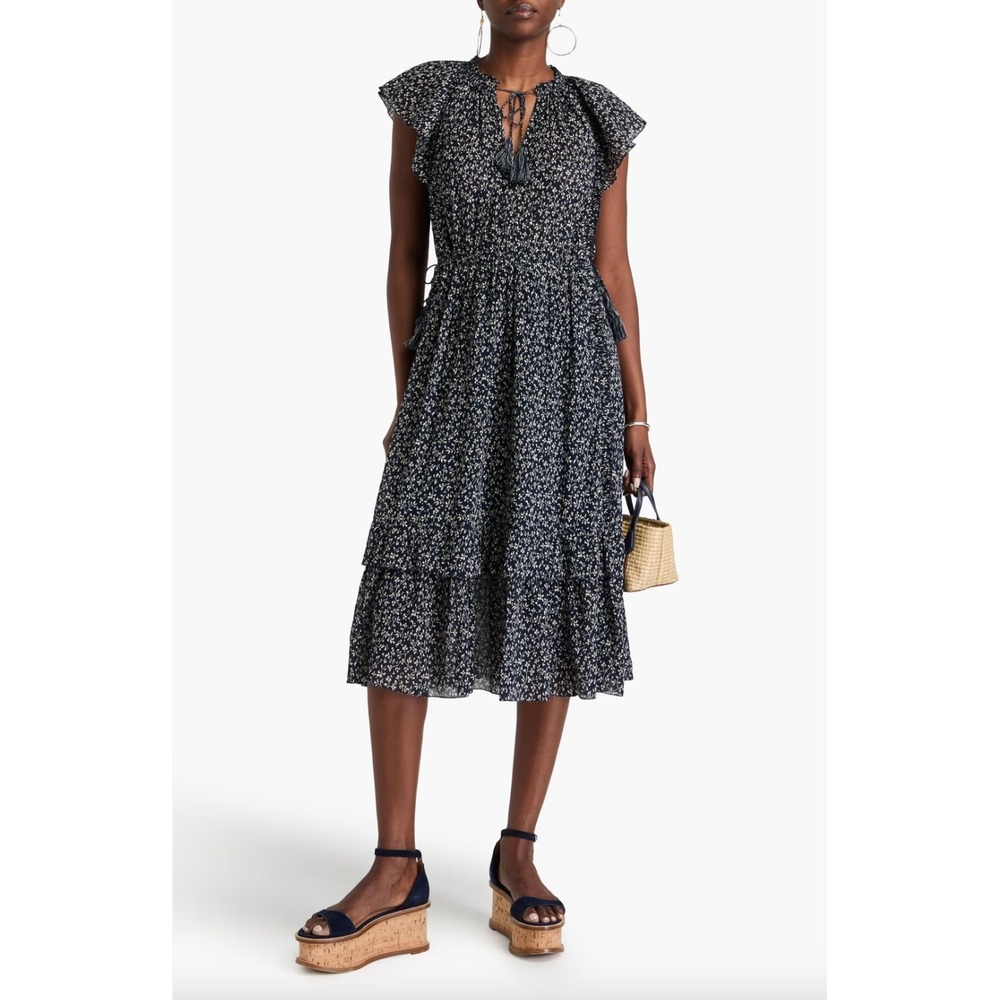 Ulla Johnson Anja Floral Cotton Crepon Ruffle Midi Dress Blue Cottagecore Boho 6